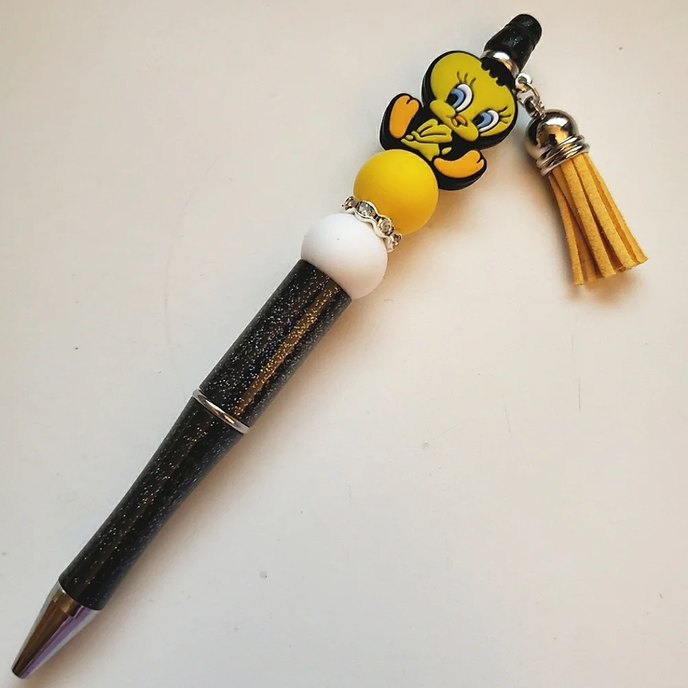 Handmade Tweety Bird Beaded Silicone Focal Bead Glitter Pen